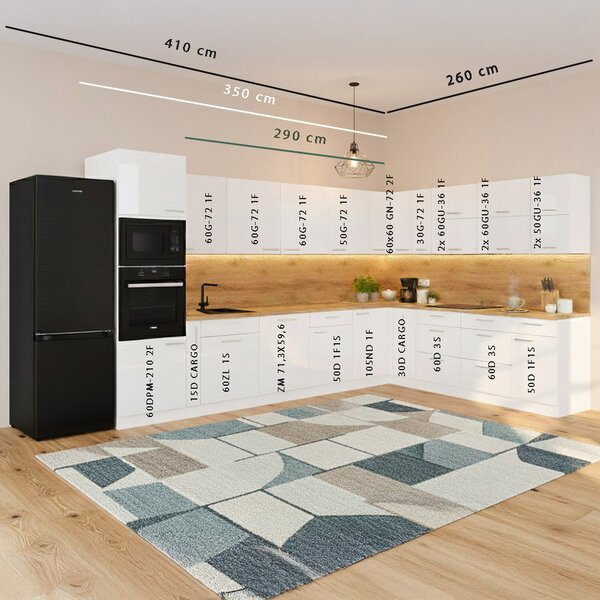 Kuchyňská linka LARA wh | ve tvaru L | 410x260 cm | verze B | UNI | zásuvky PREMIUM BOX | bílá lesk