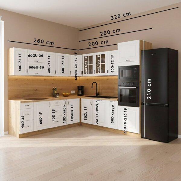 Kuchyňská linka STILO ab | ve tvaru L | 260x320 cm | zásuvky PREMIUM BOX | artisan/bílá