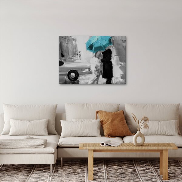 Obraz - Zamilovaný pár s deštníkem, modrý (70x50 cm)