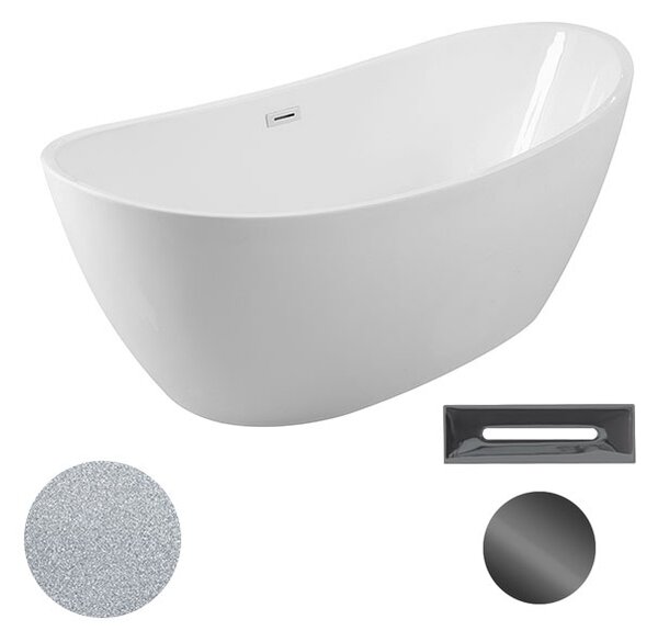 Besco Akrylátová volně stojící vana Ayla Glam S 170x80 Barva: Bílá/stříbrná, Rozměry (cm): 170x80, Typ a barva výpustě: Click-Clack s přepadem, černá