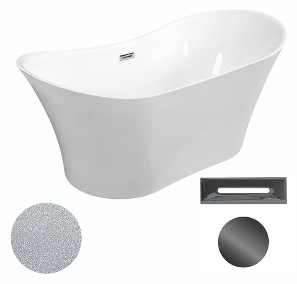 Besco Akrylátová volně stojící vana Amber Glam S 170x80 Barva: Bílá/stříbrná, Rozměry (cm): 170x80, Typ a barva výpustě: Click-Clack s přepadem, grafit