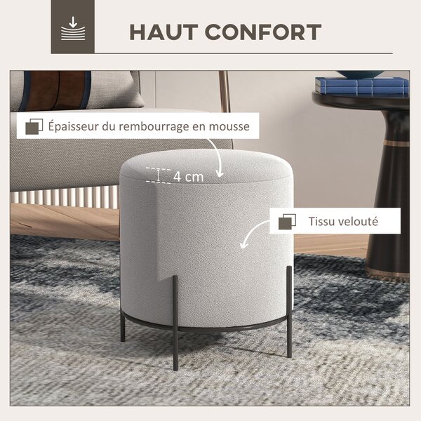 HOMCOM Sametový Ottoman Pouf s Ocelovými Nohami Ø 35 x 38 cm pro Obývací Pokoj a Ložnici | Aosom
