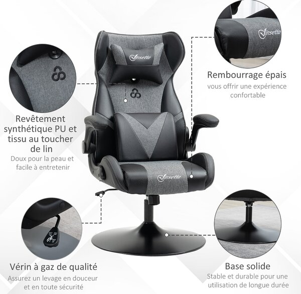Ergonomická herní židle Vinsetto s nastavitelnou výškou, kulatou základnou, sklápěcími opěrkami, podhlavníkem a bederními polštáři, PU šedá černá | Ao