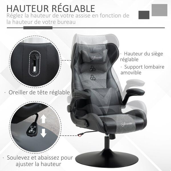 Ergonomická herní židle Vinsetto s nastavitelnou výškou, kulatou základnou, sklápěcími opěrkami, podhlavníkem a bederními polštáři, PU šedá černá | Ao