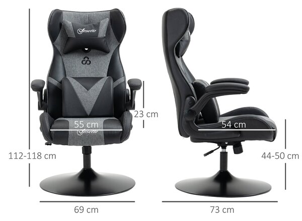 Ergonomická herní židle Vinsetto s nastavitelnou výškou, kulatou základnou, sklápěcími opěrkami, podhlavníkem a bederními polštáři, PU šedá černá | Ao
