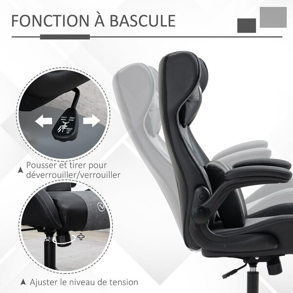 Ergonomická herní židle Vinsetto s nastavitelnou výškou, kulatou základnou, sklápěcími opěrkami, podhlavníkem a bederními polštáři, PU šedá černá | Ao
