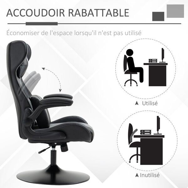 Ergonomická herní židle Vinsetto s nastavitelnou výškou, kulatou základnou, sklápěcími opěrkami, podhlavníkem a bederními polštáři, PU šedá černá | Ao