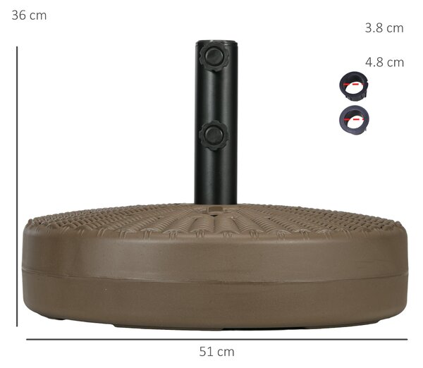 Základna slunečníku Outsunny s integrovanými rukojeťmi, stojan z HDPE a oceli se bočním výpustěm, pro tyče slunečníků Ø38/48 mm, Ø51x36 cm, hnědá a če