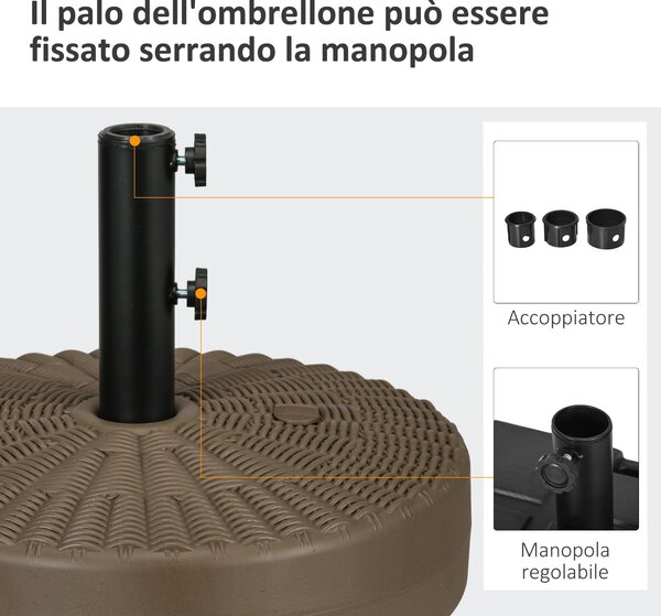 Základna slunečníku Outsunny s integrovanými rukojeťmi, stojan z HDPE a oceli se bočním výpustěm, pro tyče slunečníků Ø38/48 mm, Ø51x36 cm, hnědá a če