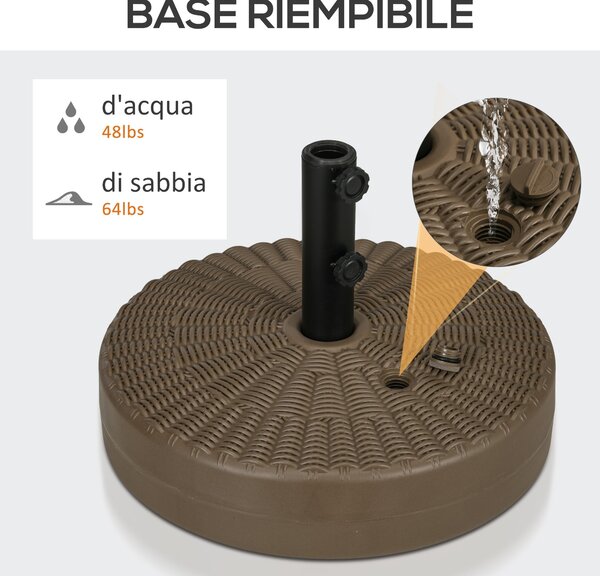 Základna slunečníku Outsunny s integrovanými rukojeťmi, stojan z HDPE a oceli se bočním výpustěm, pro tyče slunečníků Ø38/48 mm, Ø51x36 cm, hnědá a če