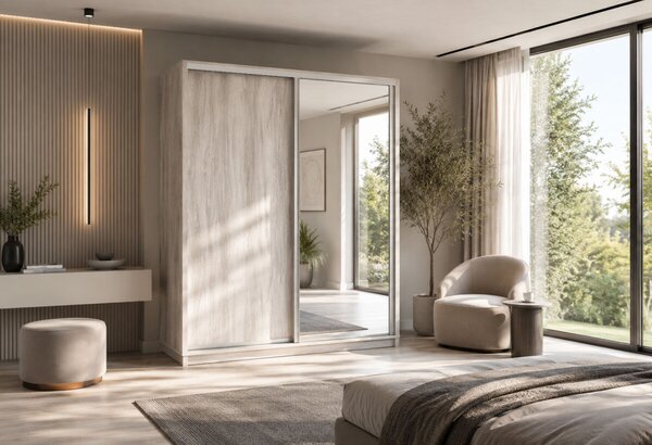 Skříň s posuvnými dveřmi 1800x2200x600 1LTD 1 Zrcadlo Artwood světlý, profil stříbrný