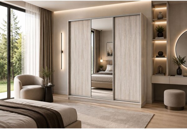 Skříň s posuvnými dveřmi 2000x2200x600 2LTD 1 Zrcadlo Artwood světlý, profil stříbrný