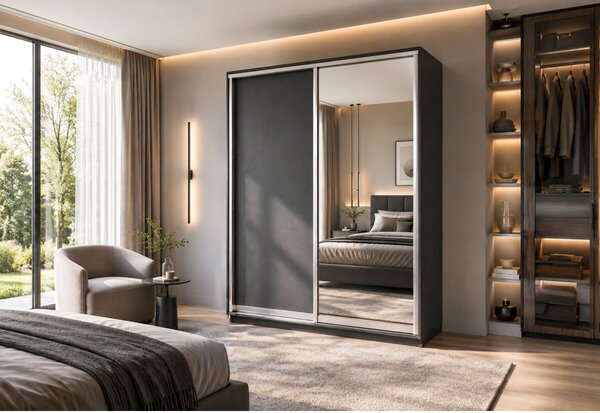 Skříň s posuvnými dveřmi 1800x2200x600 1LTD 1 Zrcadlo grafit šedý, profil stříbrný