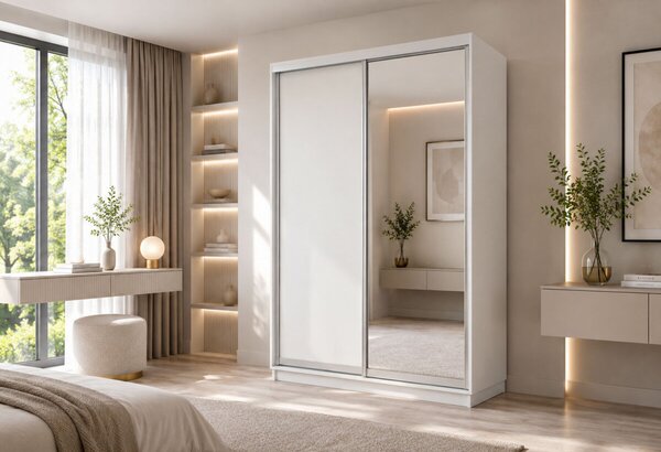 Skříň s posuvnými dveřmi 1400x2200x600 1LTD 1 Zrcadlo nymphea alba, profil stříbrný