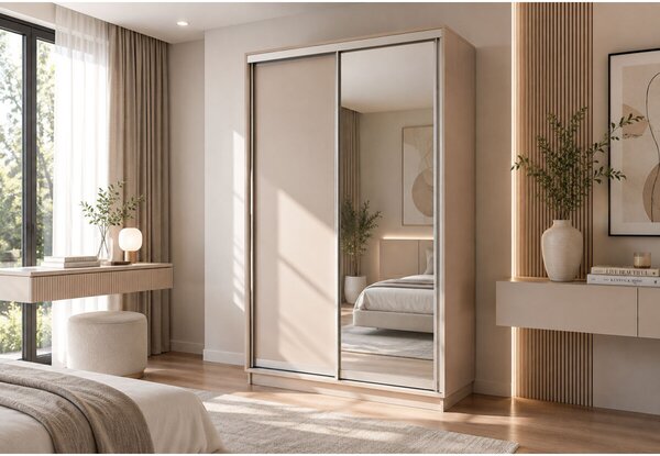 Skříň s posuvnými dveřmi 1400x2200x600 1LTD 1 Zrcadlo Kašmír, profil stříbrný
