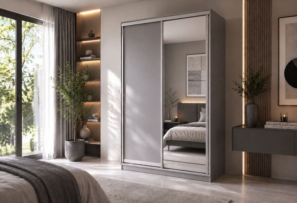 Skříň s posuvnými dveřmi 1400x2200x600 1LTD 1 Zrcadlo myší šedá, profil stříbrný