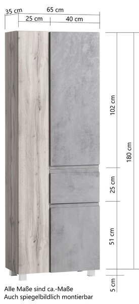 VYSOKÁ SKŘÍŇ, dub wotan, 65/180/35 cm Held - Koupelnové skříňky vysoké, Online Only