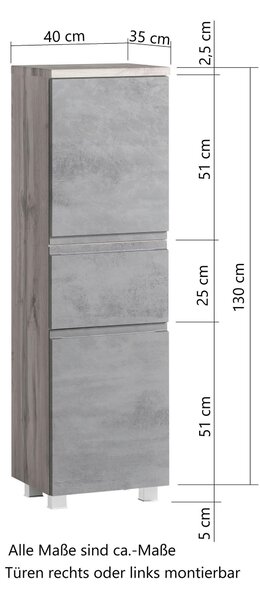 MIDI SKŘÍŇKA, šedá, dub wotan, 40/130/35 cm Held - Úzké skříňky do koupelny, Online Only