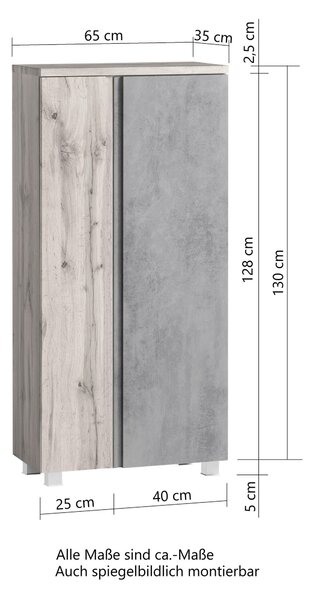 MIDI SKŘÍŇKA, šedá, dub wotan, 65/130/35 cm Held - Úzké skříňky do koupelny, Online Only