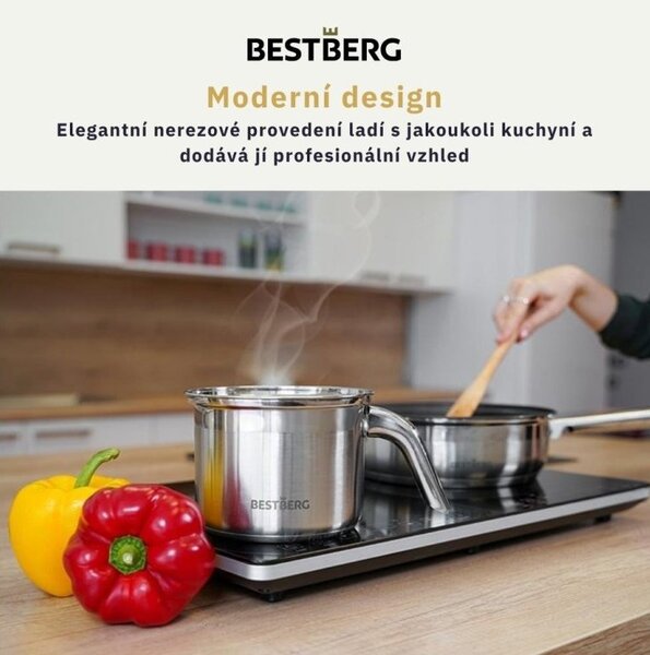 MEGAKOMBO Multifunkční kuchyňský robot BestBerg BBR-1900P + 15dílná sada nerezových hrnců a nepřilnavých pánví BestBerg BBSC-15 / stříbrná