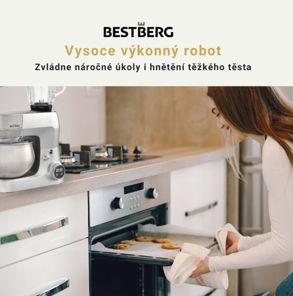 MEGAKOMBO Multifunkční kuchyňský robot BestBerg BBR-1900P + 15dílná sada nerezových hrnců a nepřilnavých pánví BestBerg BBSC-15 / stříbrná