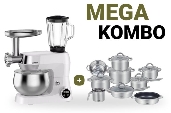 MEGAKOMBO Multifunkční kuchyňský robot BestBerg BBR-1900P + 15dílná sada nerezových hrnců a nepřilnavých pánví BestBerg BBSC-15 / stříbrná