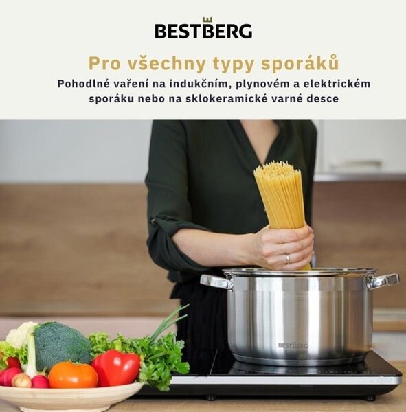 MEGAKOMBO Multifunkční kuchyňský robot BestBerg BBR-1900P + 15dílná sada nerezových hrnců a nepřilnavých pánví BestBerg BBSC-15 / stříbrná