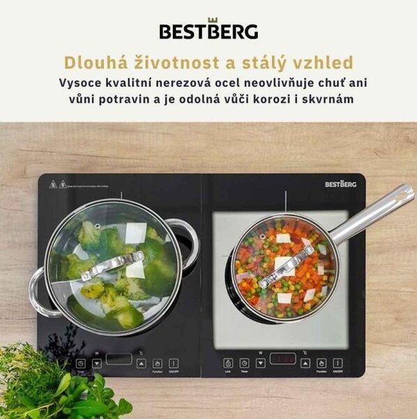 MEGAKOMBO Multifunkční kuchyňský robot BestBerg BBR-1900P + 15dílná sada nerezových hrnců a nepřilnavých pánví BestBerg BBSC-15 / stříbrná