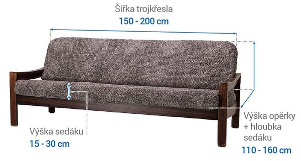 Bielastické potahy MARMO hnědé trojkřeslo s dřevěnými rukojeťmi (š. 150 - 200 cm)