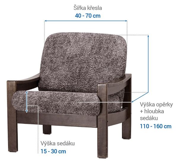 Bielastické potahy MARMO hnědé křeslo s dřevěnými rukojeťmi (š. 40 - 70 cm)