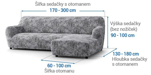 Bielastické potahy MARMO šedé sedačka s otomanem vpravo (š. 170 -300 cm)