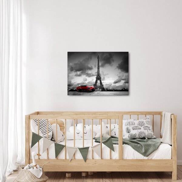 Obraz - Eiffelova věž a červené auto (70x50 cm)