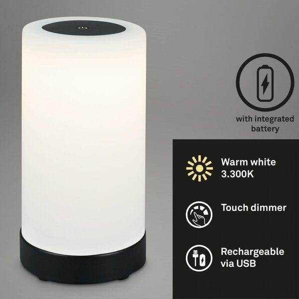 BRILONER LED bateriové stolní svítidlo pr.12,5 cm, LED modul, 3W, 350 lm, černá IP44 BRILO 7448-015