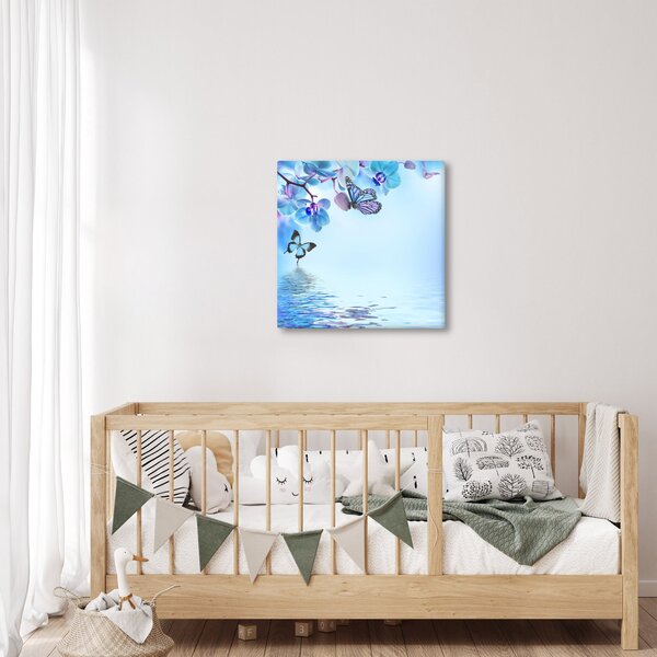 Obraz - Motýl na květech orchideje, modrý (30x30 cm)