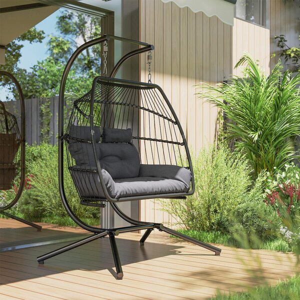 Outsunny závěsné křeslo s skládacím stojanem, závěsný košík s polštářem, ergonomické houpací křeslo z poly ratanového materiálu pro 2 osoby, závěsné k