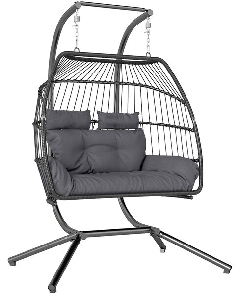Outsunny závěsné křeslo s skládacím stojanem, závěsný košík s polštářem, ergonomické houpací křeslo z poly ratanového materiálu pro 2 osoby, závěsné k
