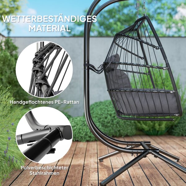 Outsunny závěsné křeslo s skládacím stojanem, závěsný košík s polštářem, ergonomické houpací křeslo z poly ratanového materiálu pro 2 osoby, závěsné k