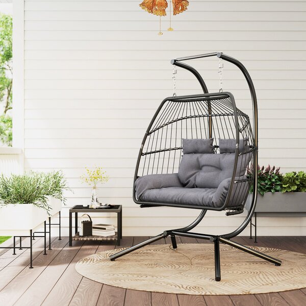 Outsunny závěsné křeslo s skládacím stojanem, závěsný košík s polštářem, ergonomické houpací křeslo z poly ratanového materiálu pro 2 osoby, závěsné k