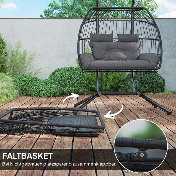 Outsunny závěsné křeslo s skládacím stojanem, závěsný košík s polštářem, ergonomické houpací křeslo z poly ratanového materiálu pro 2 osoby, závěsné k
