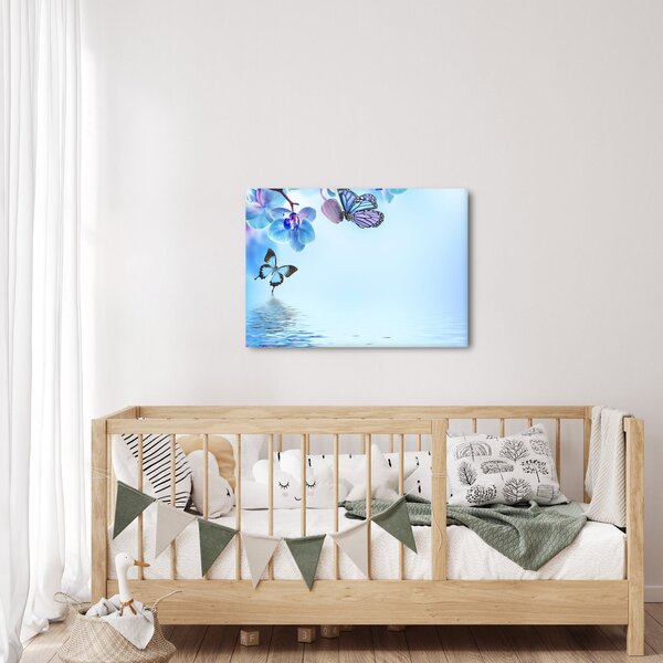 Obraz - Motýl na květech orchideje, modrý (70x50 cm)