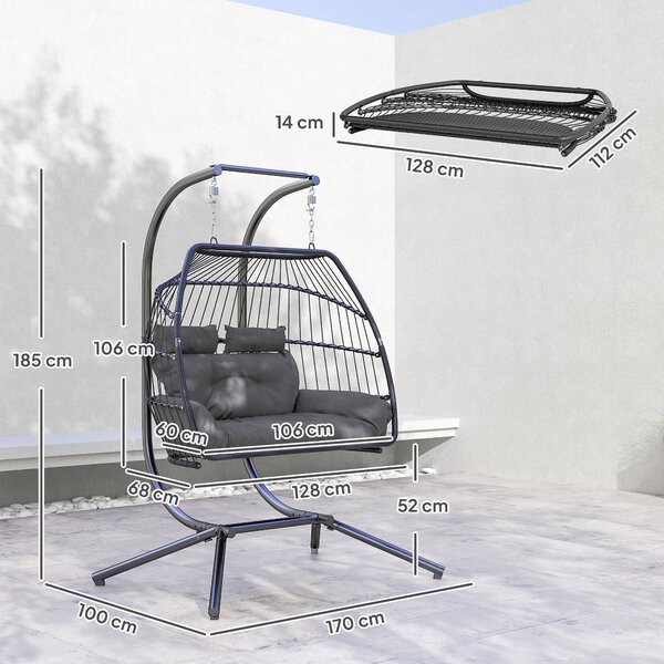 Outsunny závěsné křeslo s skládacím stojanem, závěsný košík s polštářem, ergonomické houpací křeslo z poly ratanového materiálu pro 2 osoby, závěsné k