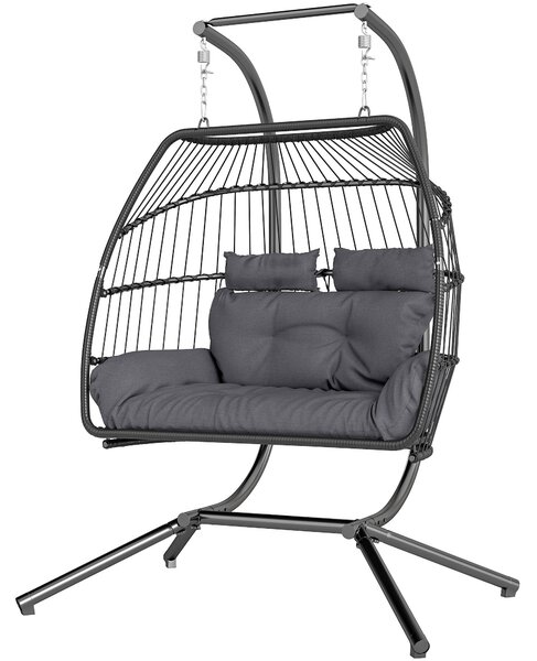 Outsunny závěsné křeslo s skládacím stojanem, závěsný košík s polštářem, ergonomické houpací křeslo z poly ratanového materiálu pro 2 osoby, závěsné k