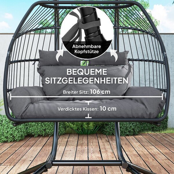 Outsunny závěsné křeslo s skládacím stojanem, závěsný košík s polštářem, ergonomické houpací křeslo z poly ratanového materiálu pro 2 osoby, závěsné k