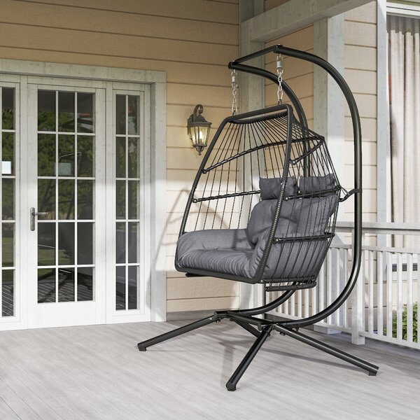 Outsunny závěsné křeslo s skládacím stojanem, závěsný košík s polštářem, ergonomické houpací křeslo z poly ratanového materiálu pro 2 osoby, závěsné k