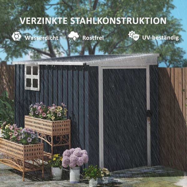 Outsunny Kovová Kůlna na Nářadí 2.7m² 128x231x181cm Se Šikmou Střechou, Okno, Zámek, Voděodolná Exteriérová Kůlna pro Zahradní Prostor Tmavě Šedá | Ao