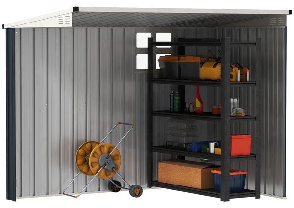 Outsunny Kovová Kůlna na Nářadí 2.7m² 128x231x181cm Se Šikmou Střechou, Okno, Zámek, Voděodolná Exteriérová Kůlna pro Zahradní Prostor Tmavě Šedá | Ao