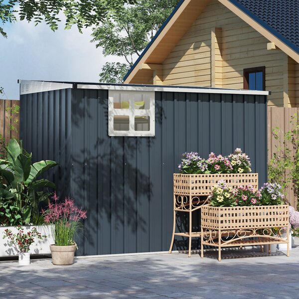 Outsunny Kovová Kůlna na Nářadí 2.7m² 128x231x181cm Se Šikmou Střechou, Okno, Zámek, Voděodolná Exteriérová Kůlna pro Zahradní Prostor Tmavě Šedá | Ao