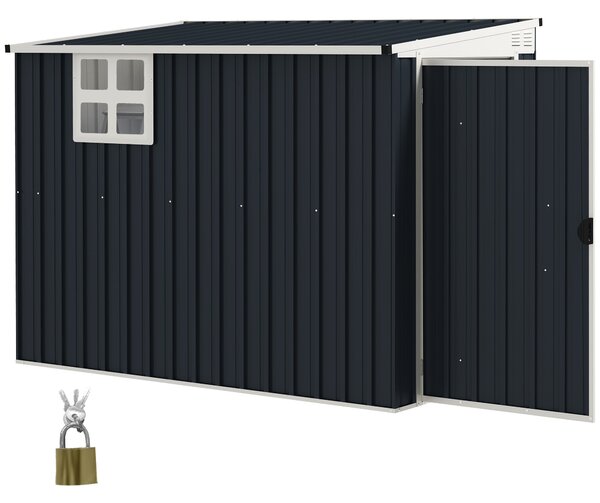 Outsunny Kovová Kůlna na Nářadí 2.7m² 128x231x181cm Se Šikmou Střechou, Okno, Zámek, Voděodolná Exteriérová Kůlna pro Zahradní Prostor Tmavě Šedá | Ao