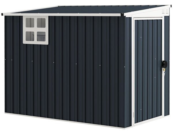 Outsunny Kovová Kůlna na Nářadí 2.7m² 128x231x181cm Se Šikmou Střechou, Okno, Zámek, Voděodolná Exteriérová Kůlna pro Zahradní Prostor Tmavě Šedá | Ao