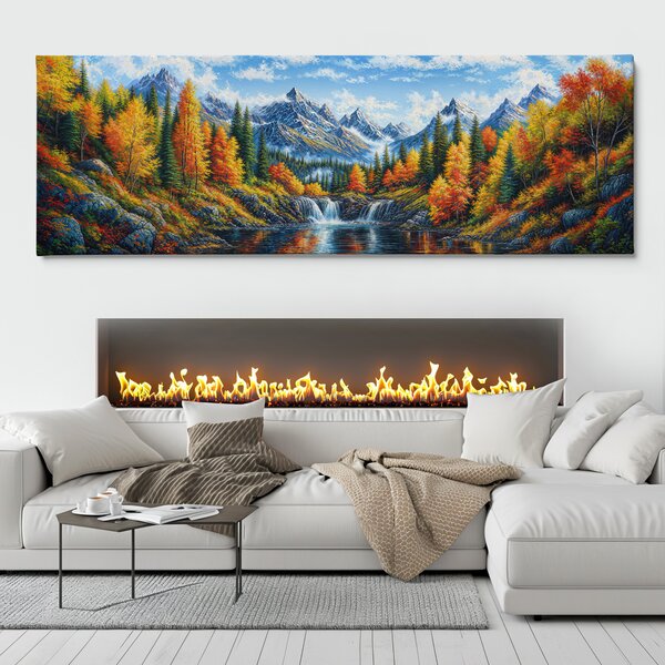 Obraz na plátně - Malé vodopády obklopené lesem a horami FeelHappy.cz Velikost obrazu (šířka x výška): 60 x 20 cm